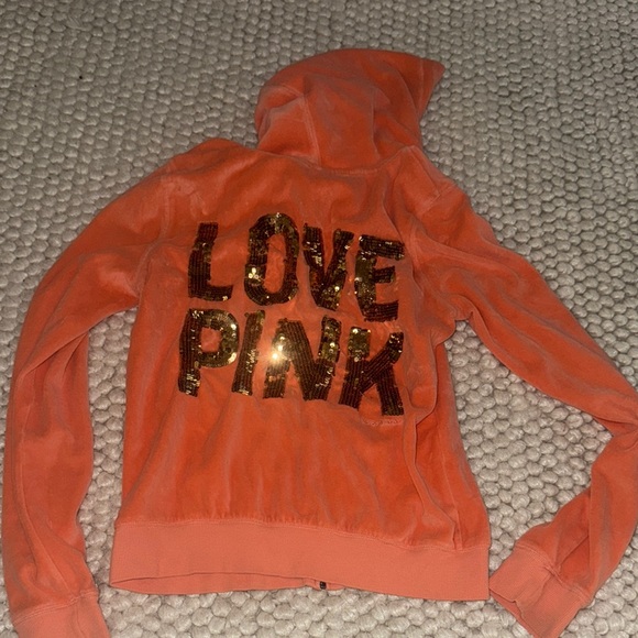 PINK Victoria's Secret Jackets & Blazers - PINK Victoria's Secret Orange Hoodie with Gold Sequins